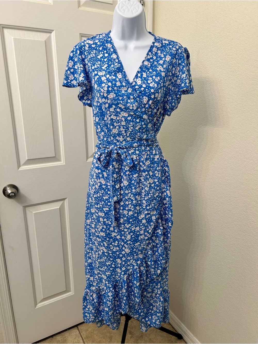 Blue Floral Midi Wrap Dress with Tie Waist